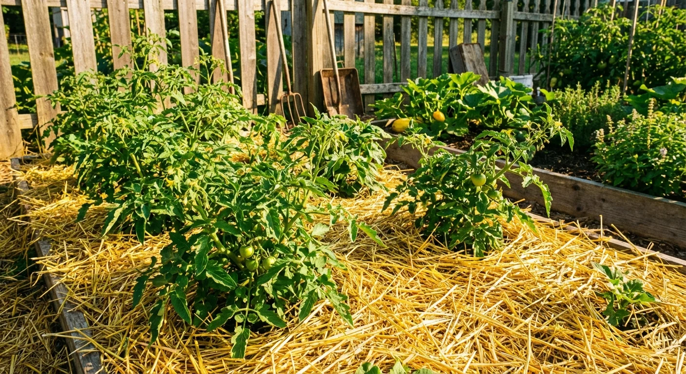 Clean yellow straw mulch protecting vegetable plants in a sunny backyard garden.