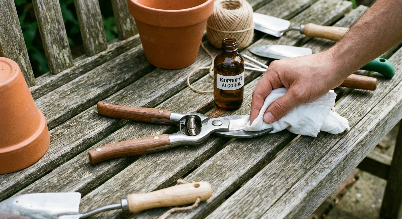 Cleaning garden pruners with a white cloth and a bottle of rubbing alcohol.