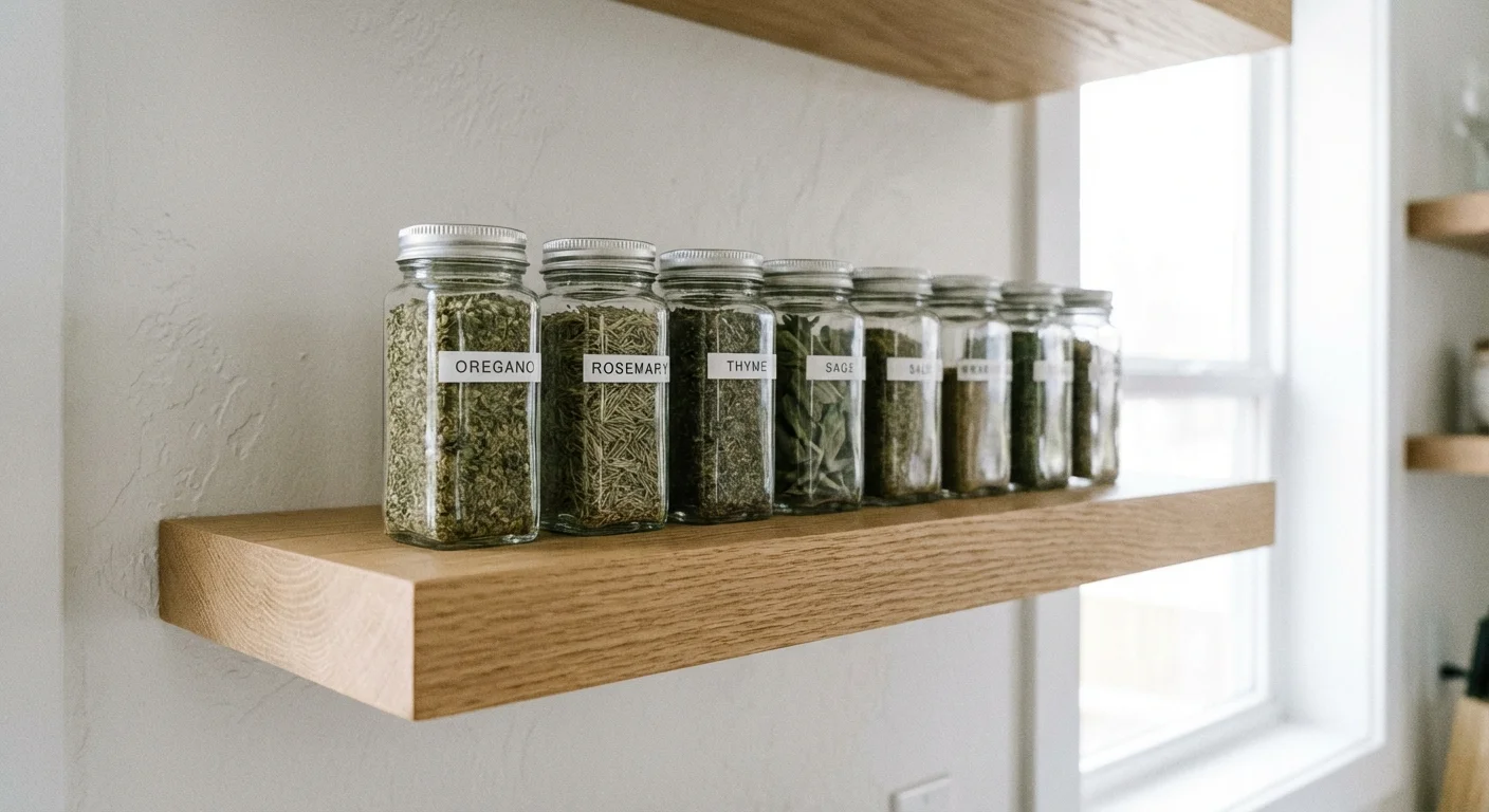 Clear glass jars filled with dried green herbs on a wooden shelf.