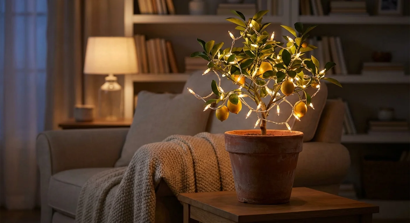Clear mini lights wrapped around a potted indoor citrus tree.