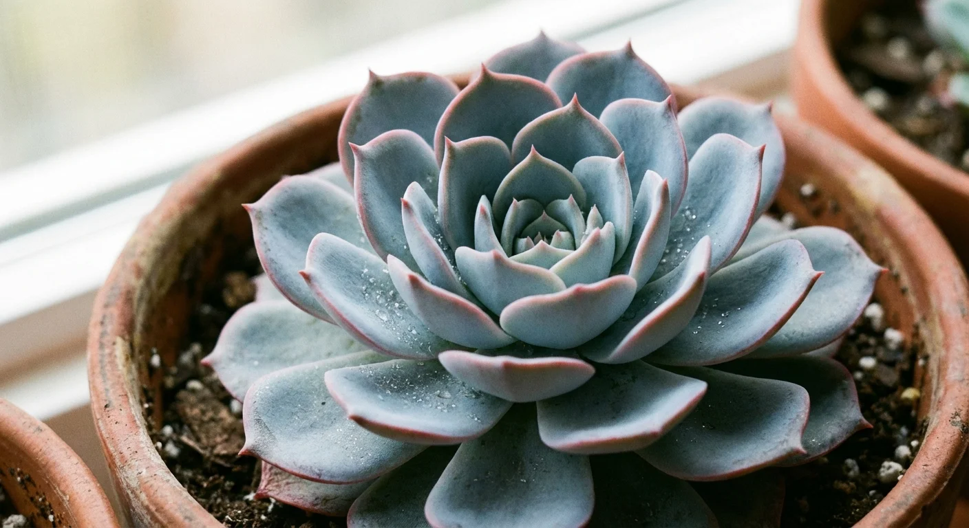 Close-up of a Blue Hens and Chicks succulent with blue-grey leaves.