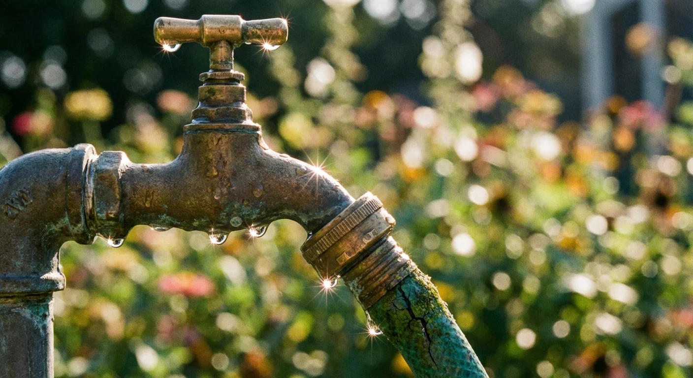 Close-up of a brass garden faucet with water droplets.