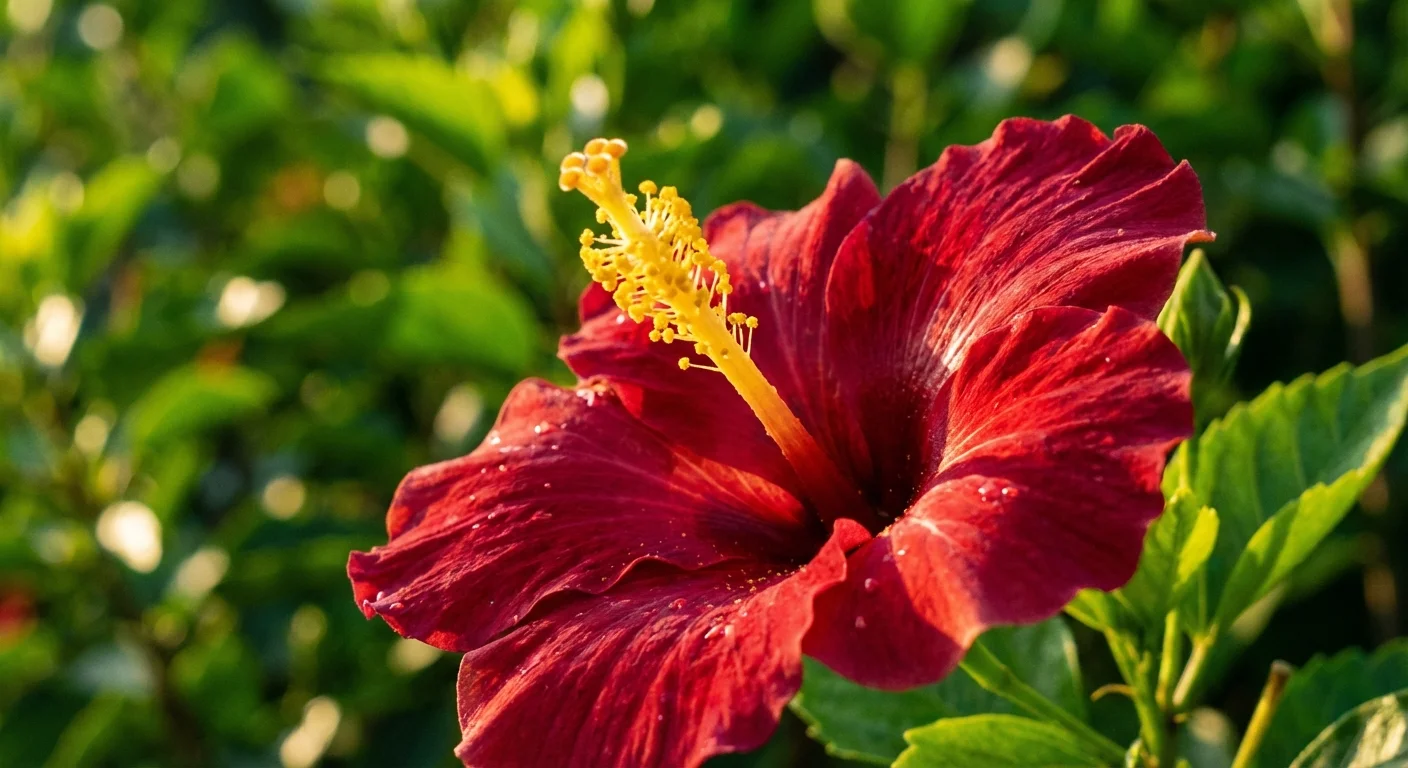 Close-up of a bright red Hibiscus flower blooming in the sun.