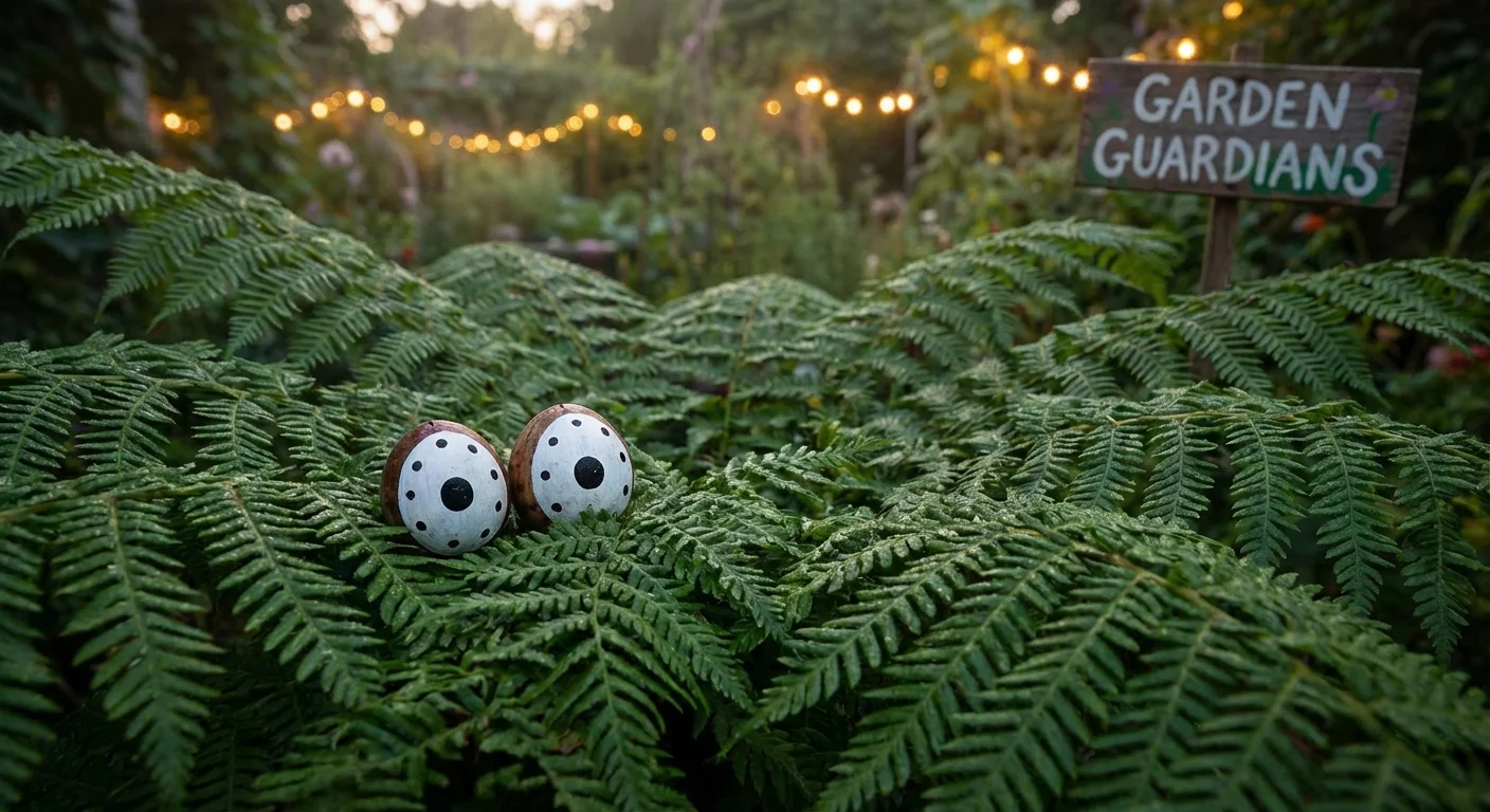 Close-up of a fern plant with handmade googly eyes made from avocado pits.