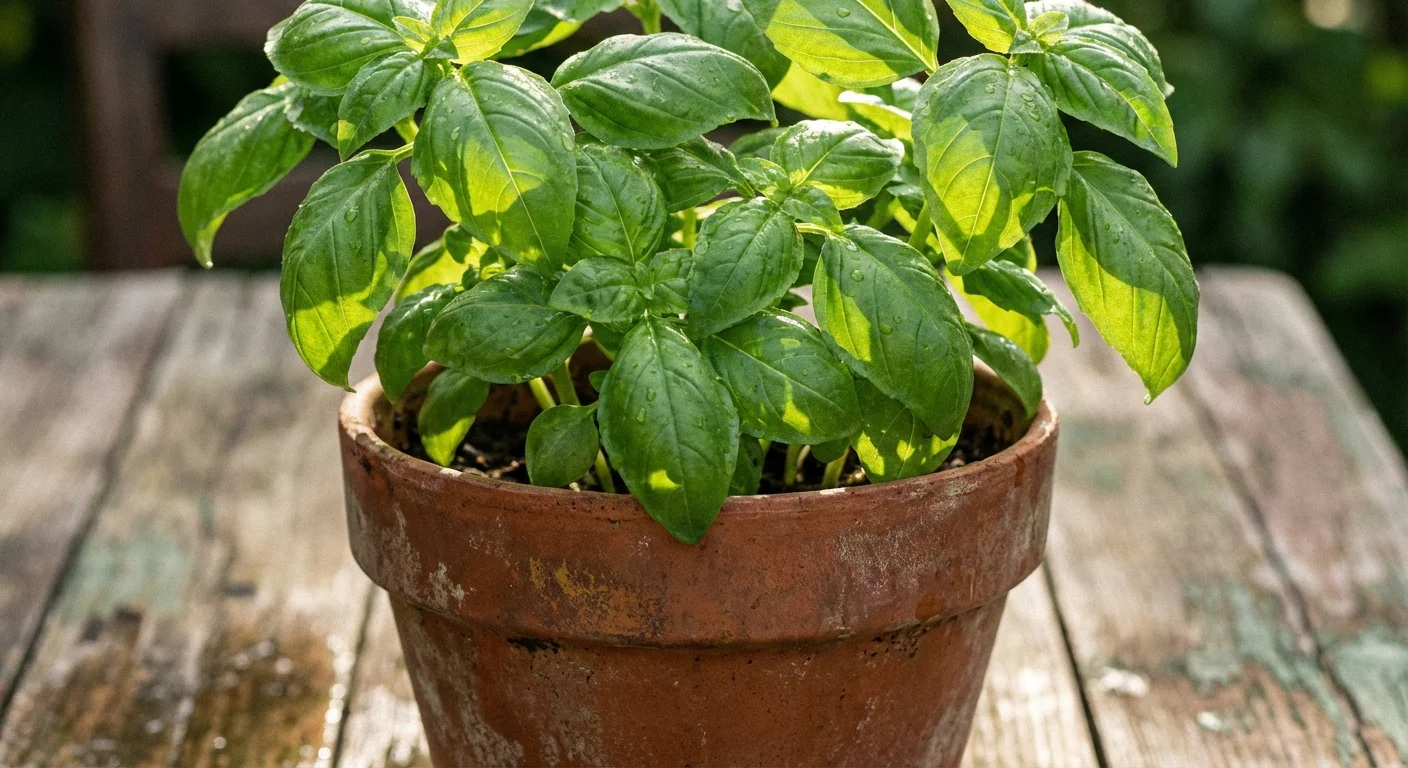 Close-up of a fresh basil plant in a terracotta pot on a wooden table.