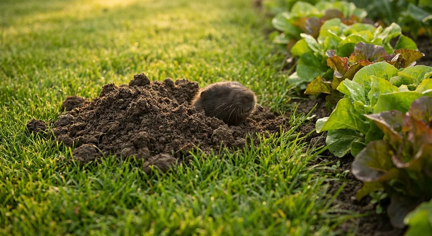 Close-up of a fresh dirt mound on a green lawn next to garden plants.