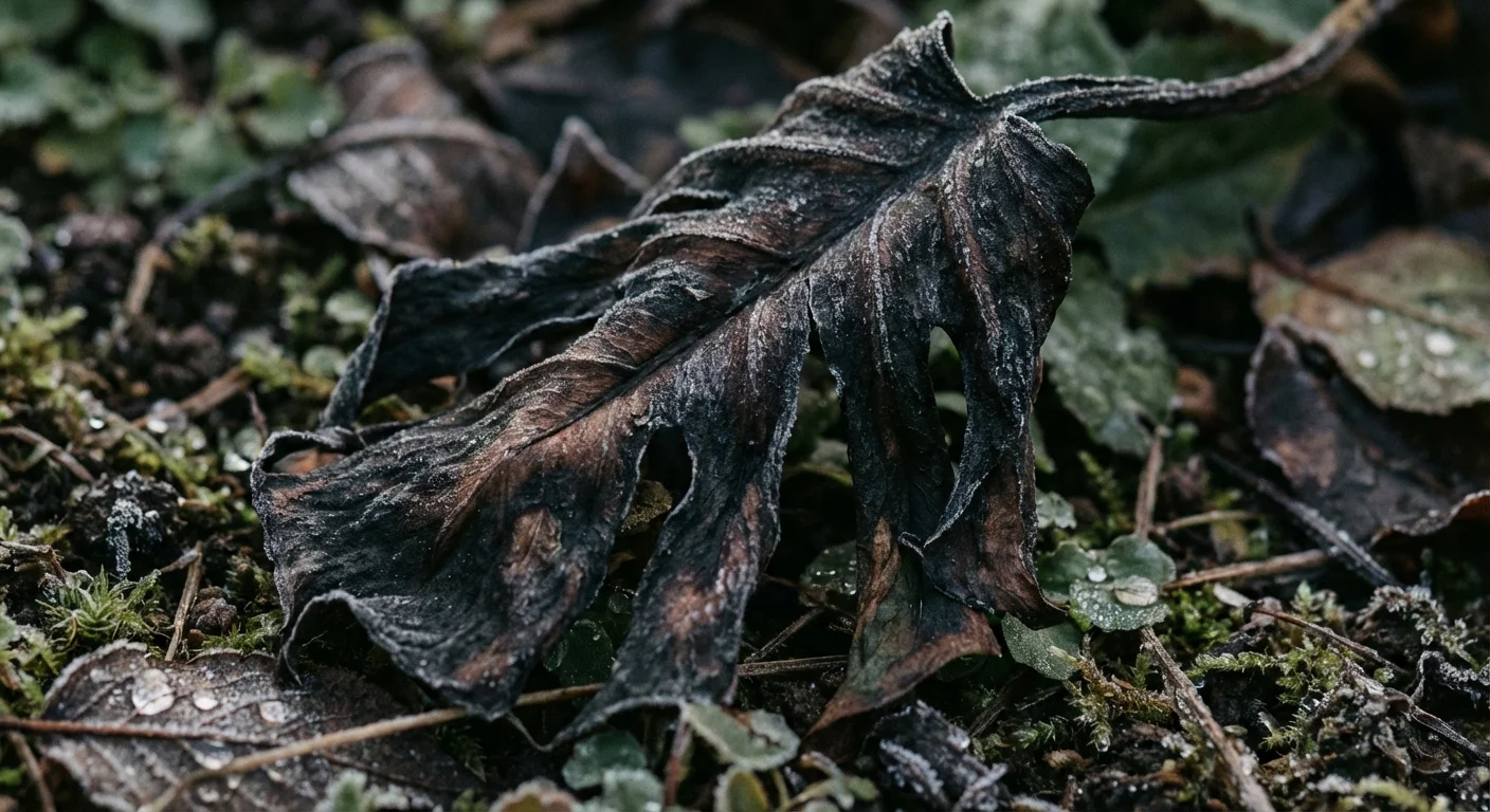 Close-up of a frost-damaged tropical plant leaf withering.