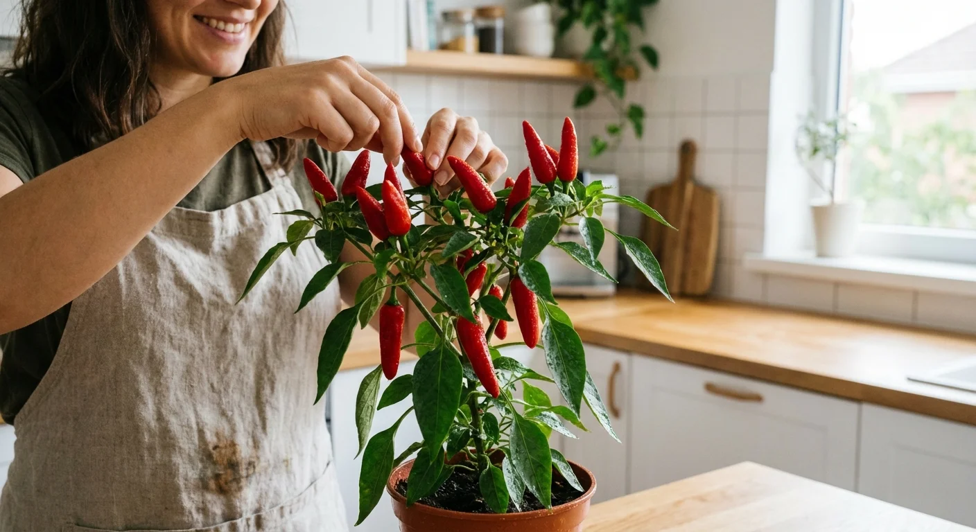 Close-up of a gardener harvesting ripe red hot peppers from an indoor potted plant.