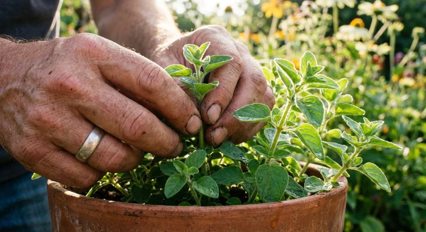 Close-up of a gardener picking fresh oregano leaves from a pot in a sunny garden.