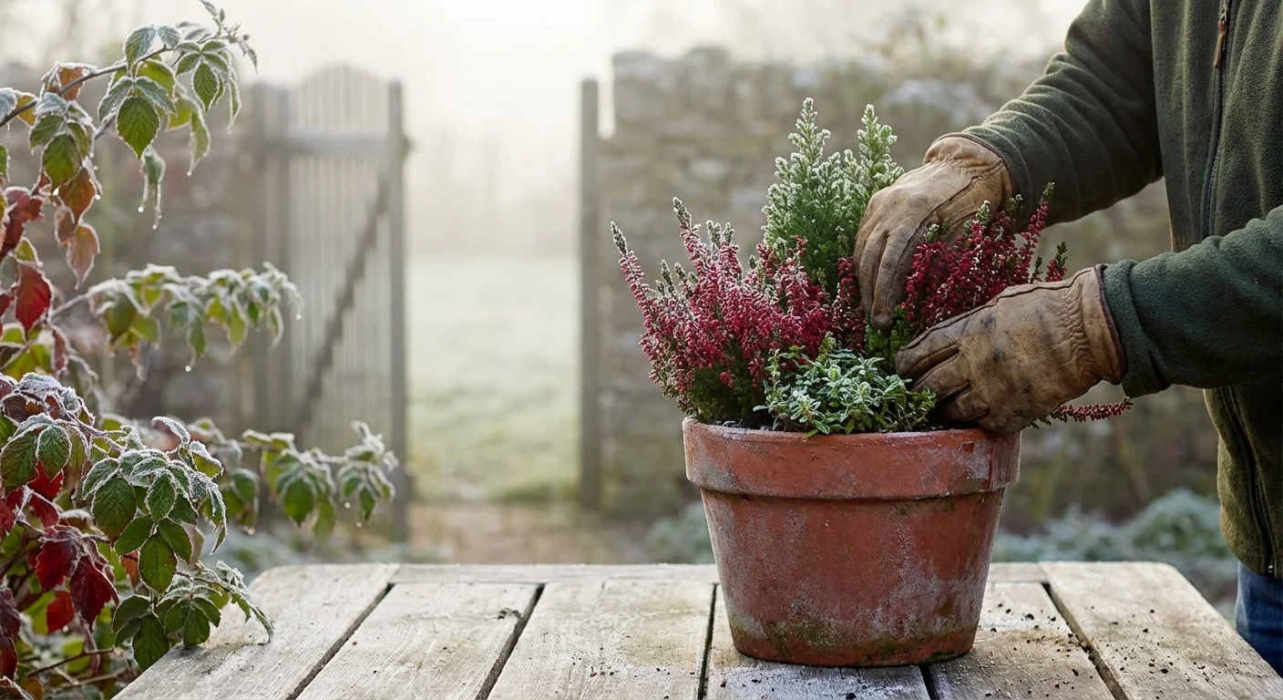 Close-up of a gardener preparing colorful plant containers for the winter season.