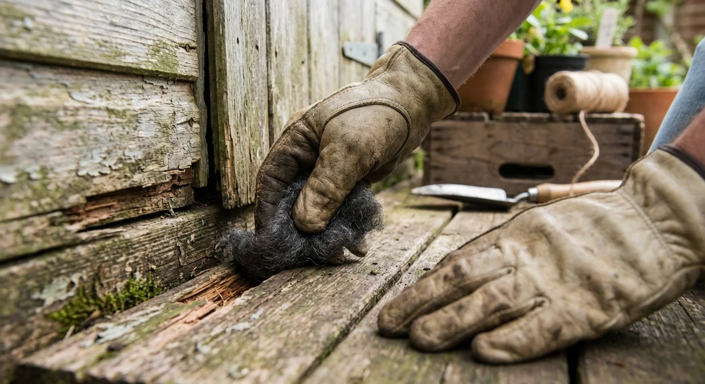 Close-up of a gardener sealing a gap in a wooden shed foundation using steel wool.