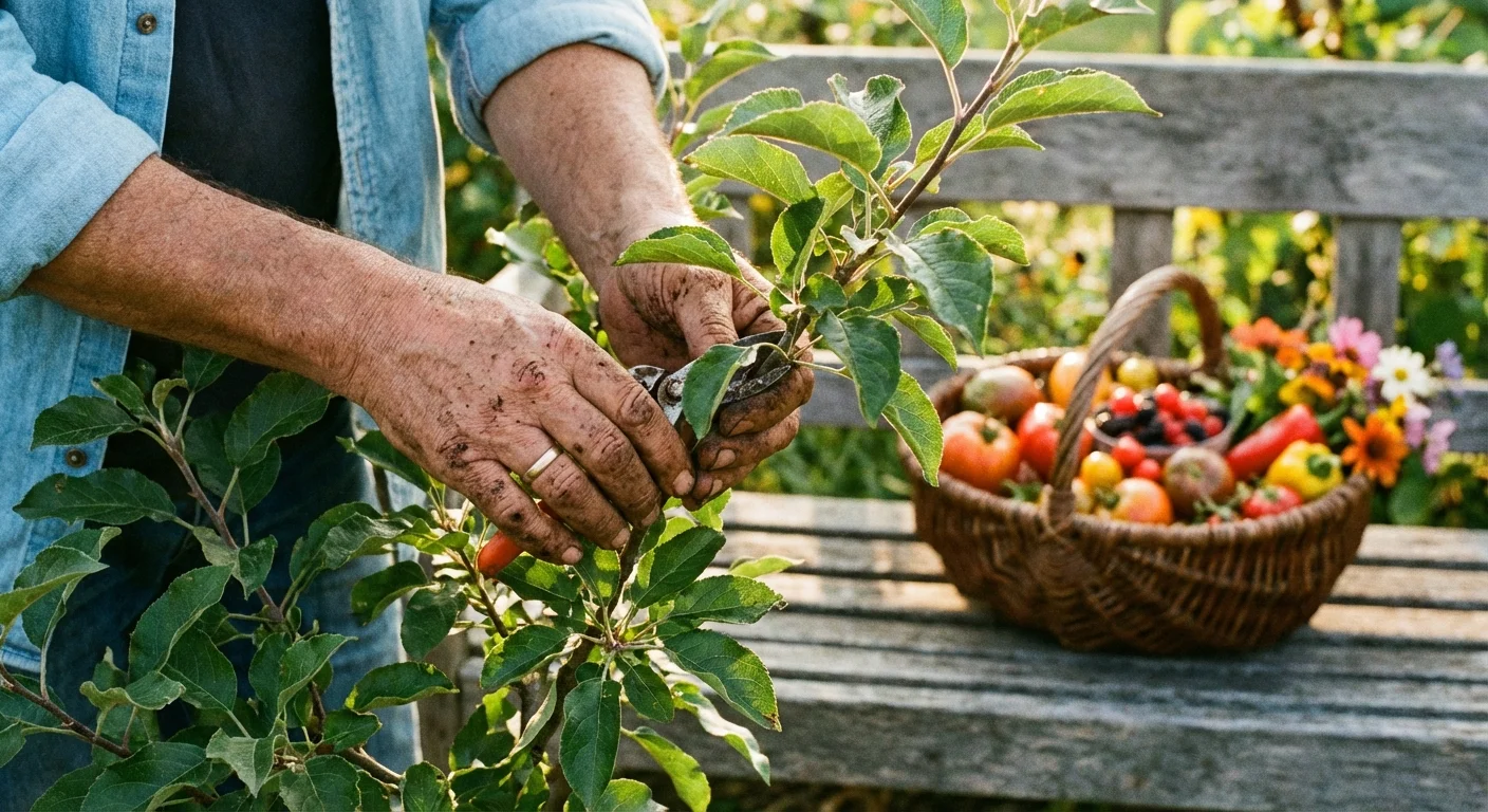 Close-up of a gardener tending to a young fruit tree with a harvest basket nearby.
