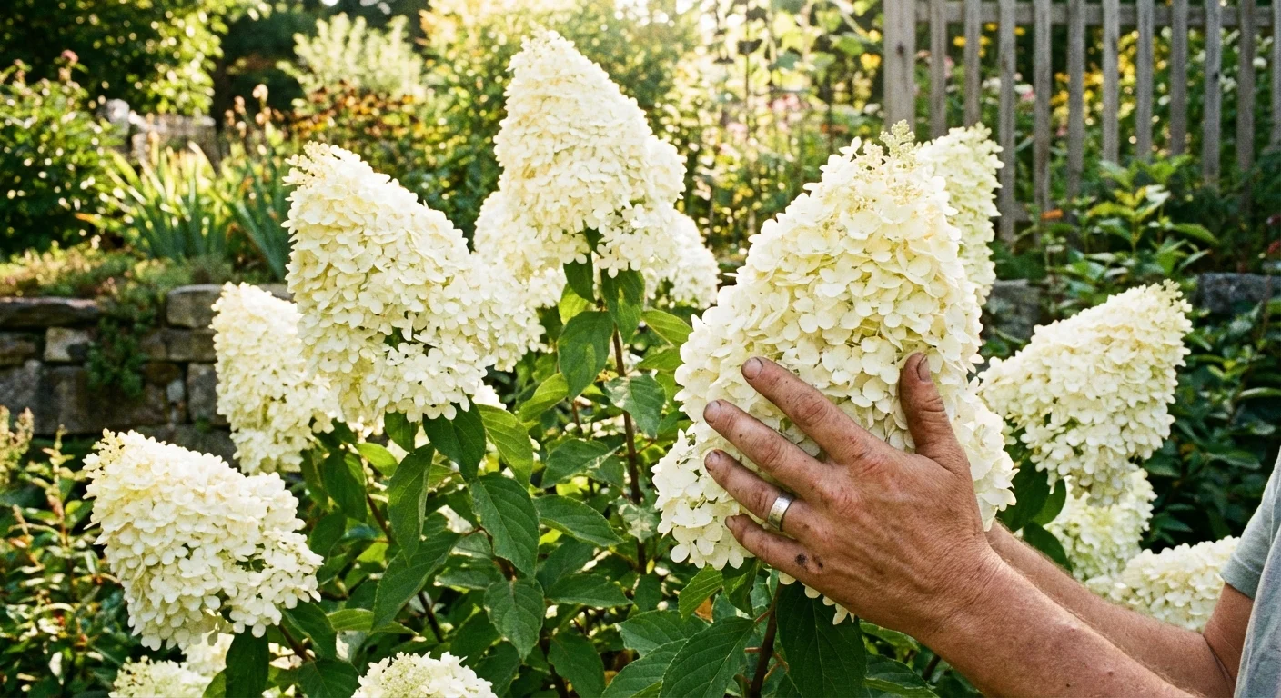 Close-up of a gardener touching large white Panicled Hydrangea flowers in a sunny yard.