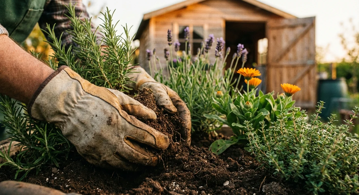 Close-up of a gardener's gloved hands inspecting soil in a garden bed near a wooden shed.
