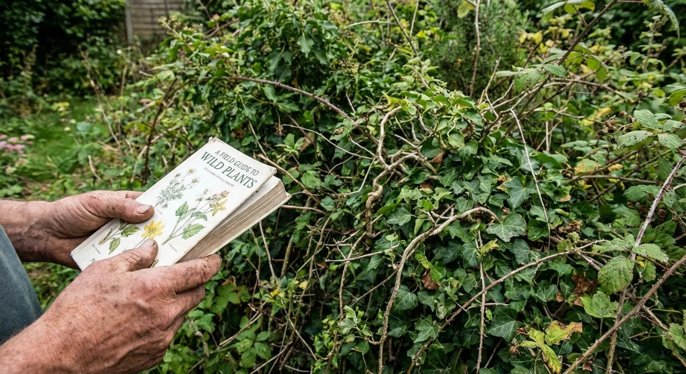Close-up of a gardener's hands holding a plant identification guide in a dense garden thicket.