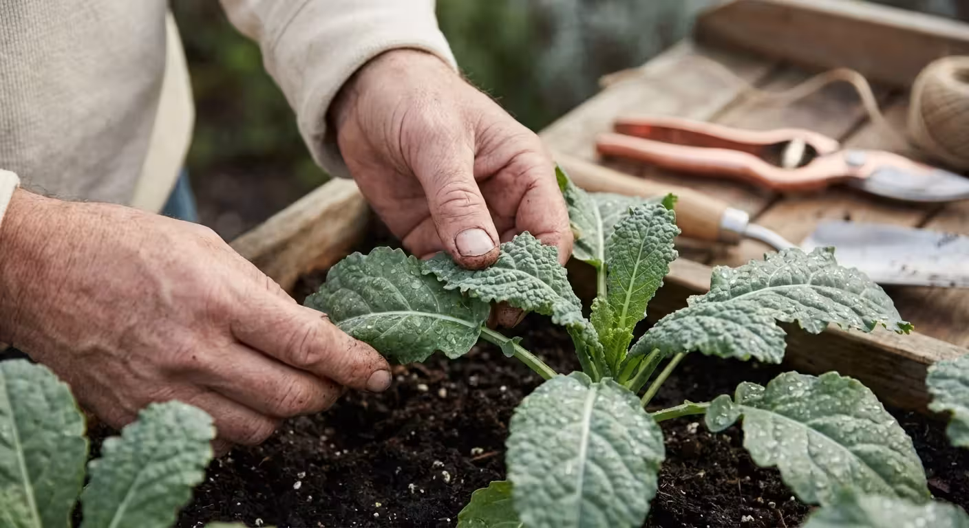 Close-up of a gardener's hands inspecting green plant leaves in a garden.