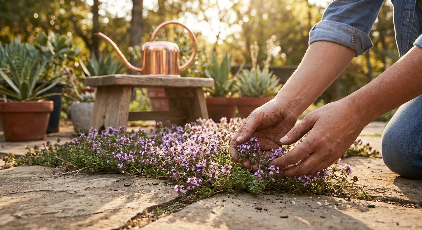 Close-up of a gardener's hands near healthy creeping thyme plants in a sun-drenched backyard.