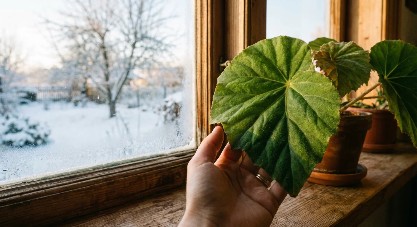 Close-up of a hand touching a green houseplant leaf on a windowsill overlooking a frost-covered winter landscape.