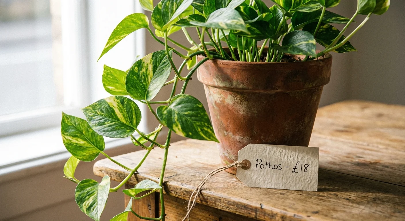 Close-up of a healthy green plant in a pot on a wooden surface.