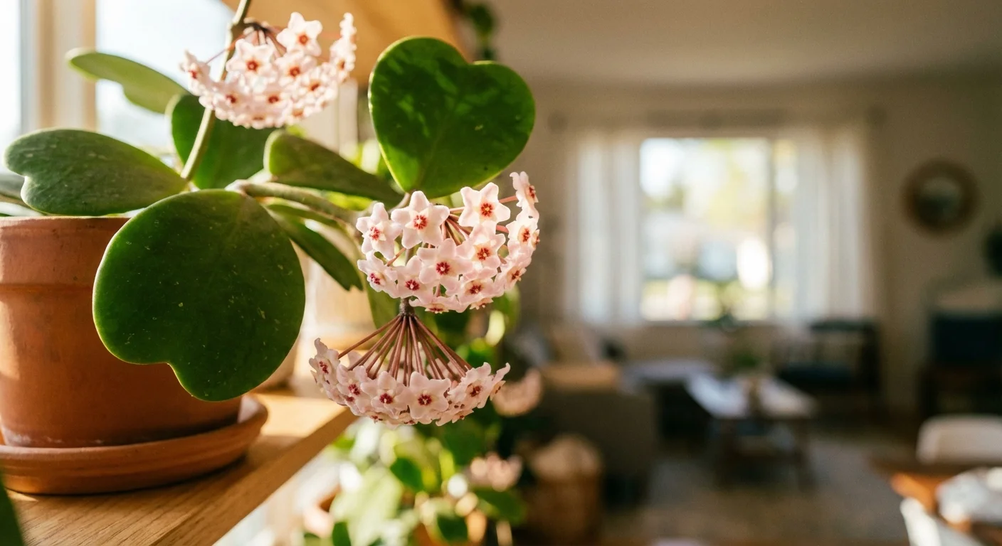 Close-up of a Hoya plant showing its unique waxy leaves and small white flowers.