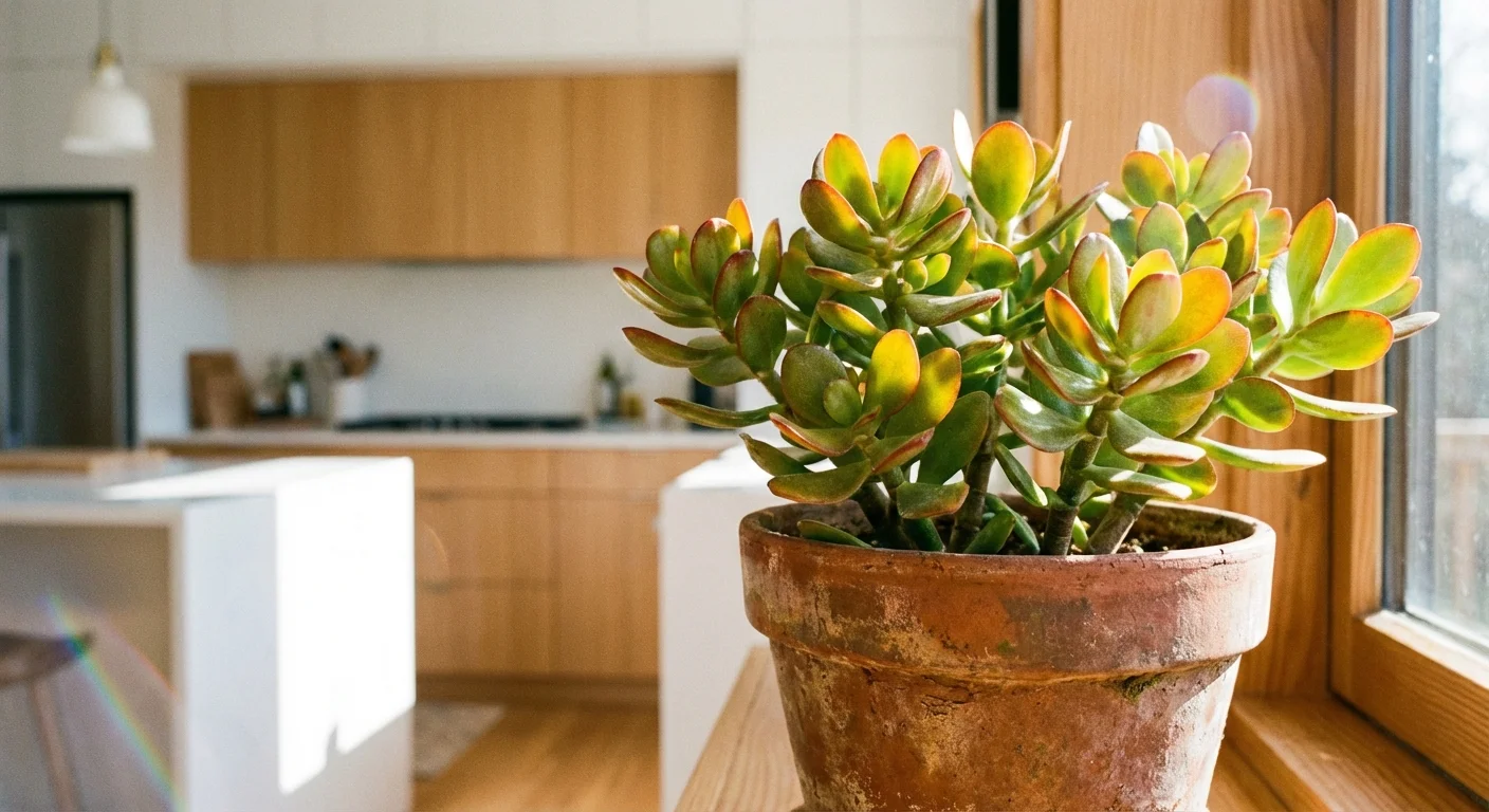 Close-up of a Jade succulent plant in a terracotta pot on a sunlit windowsill.