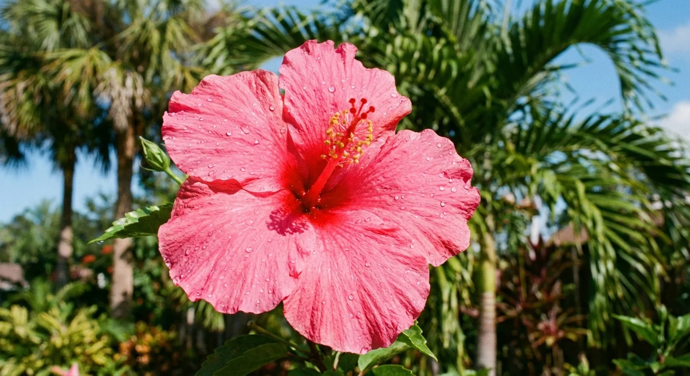 Close-up of a pink Hibiscus flower with water droplets in a tropical setting.