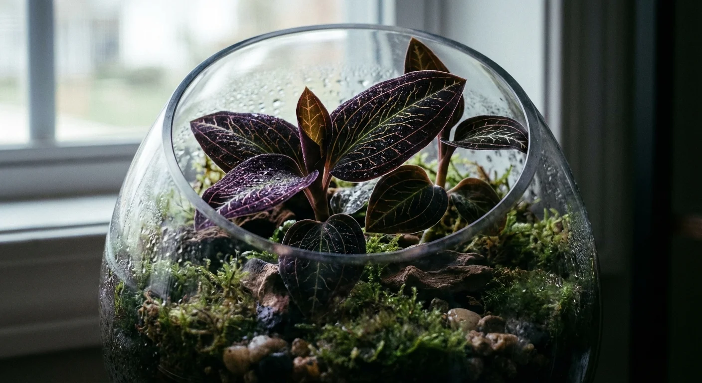 Close-up of a Purple jewel orchid with dark velvety leaves in a glass terrarium.