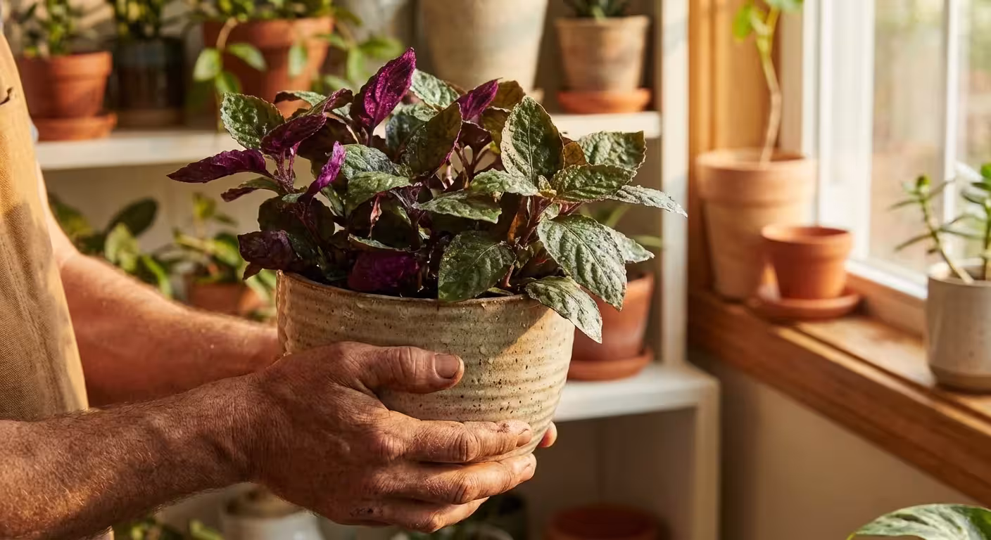 Close-up of a Purple Waffle plant held in a ceramic pot, showing textured purple leaves.