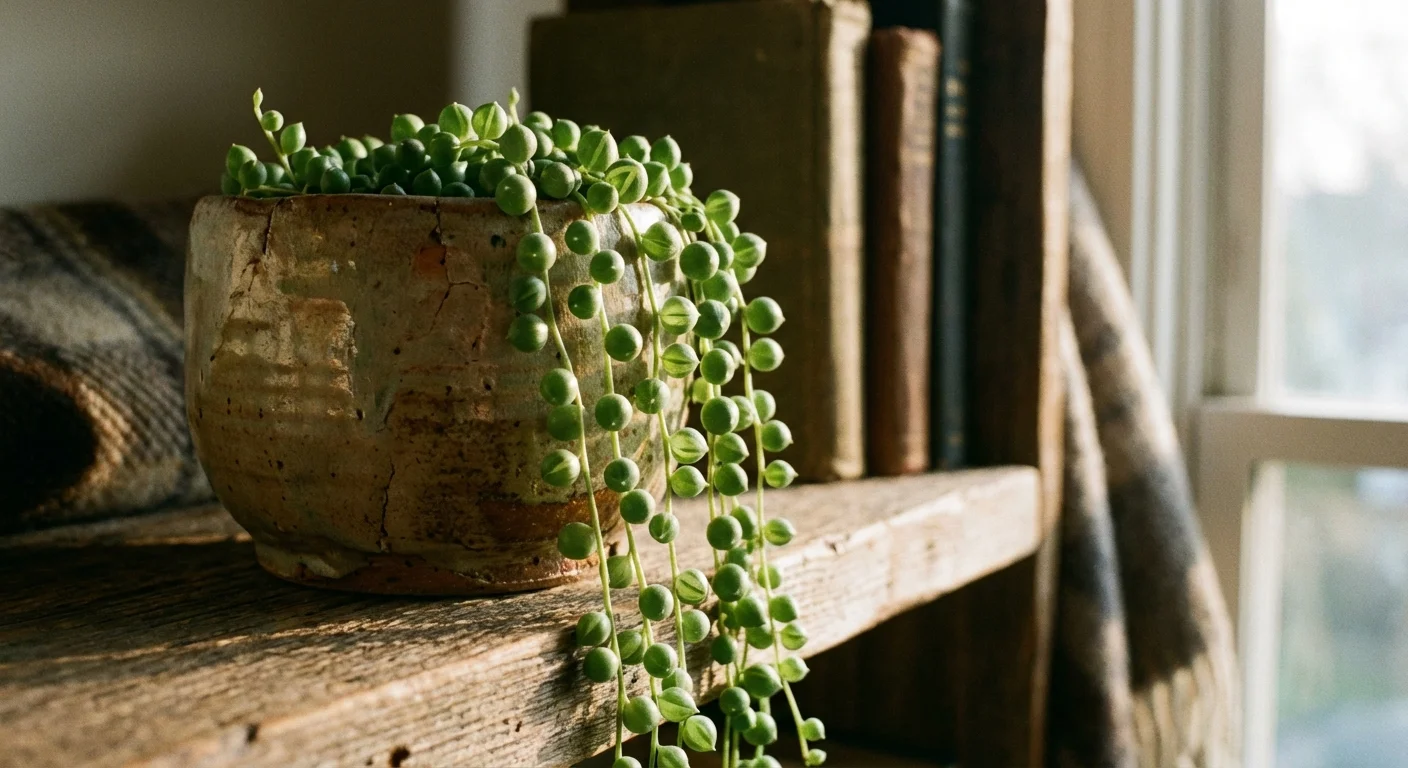 Close-up of a String of Pearls plant in a ceramic pot.