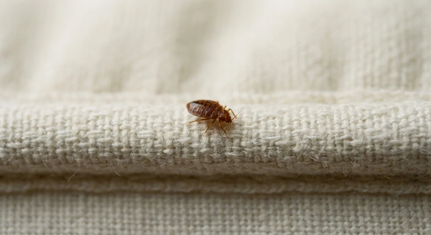 Close-up of a tiny reddish-brown bedbug on the edge of white linen bedding.