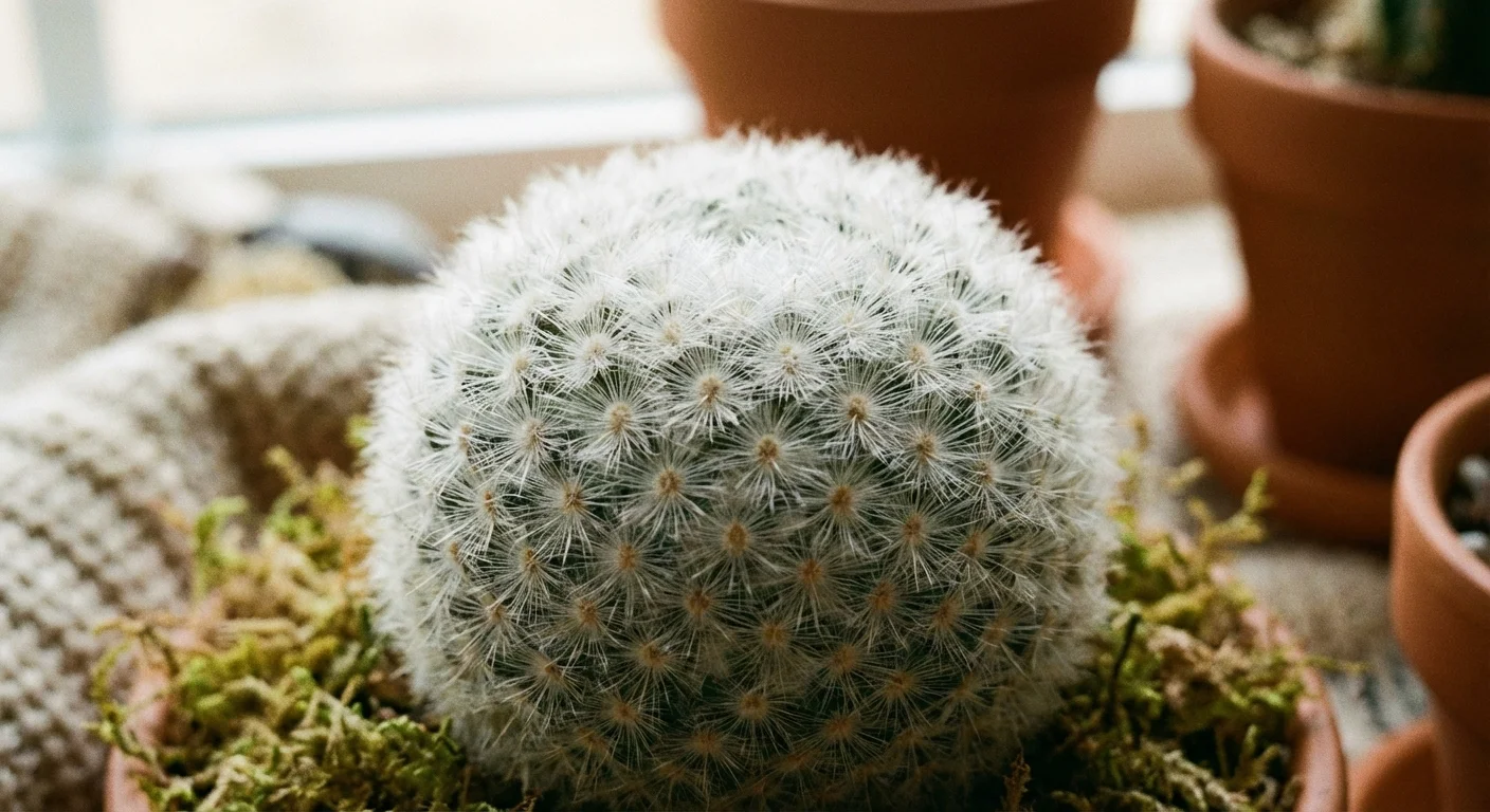 Close-up of a white, fuzzy Feather Cactus in a small pot.