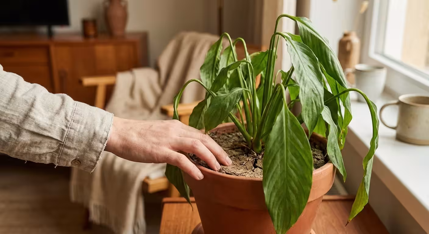 Close-up of a wilting Peace Lily with drooping leaves in a ceramic pot.