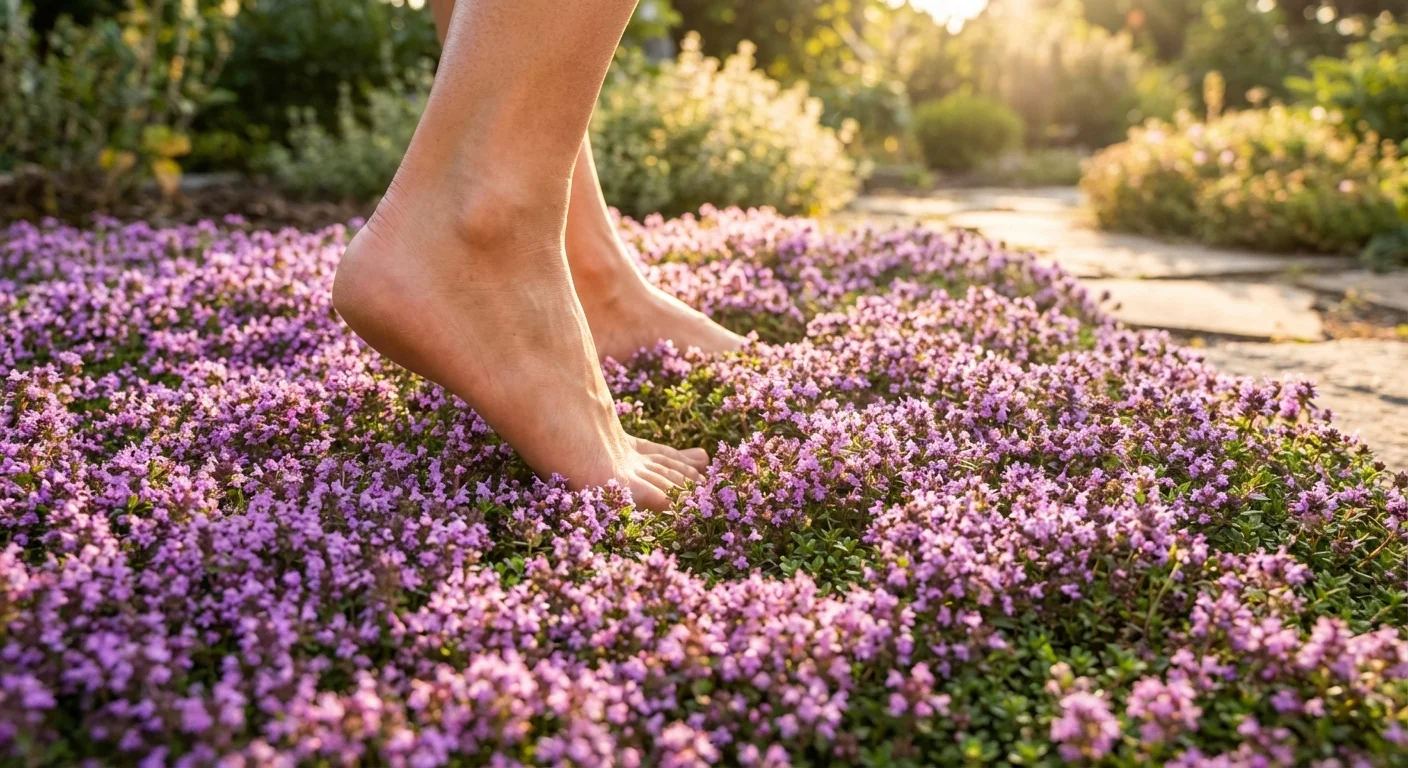 Close-up of bare feet walking on a soft, flowering purple creeping thyme ground cover.