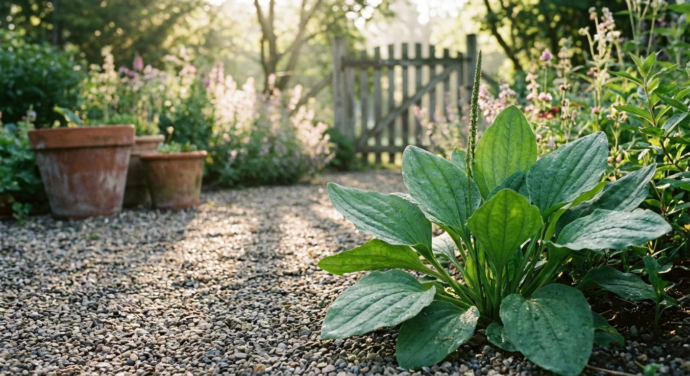Close-up of Broadleaf Plantain with wide ribbed leaves growing near a garden path.
