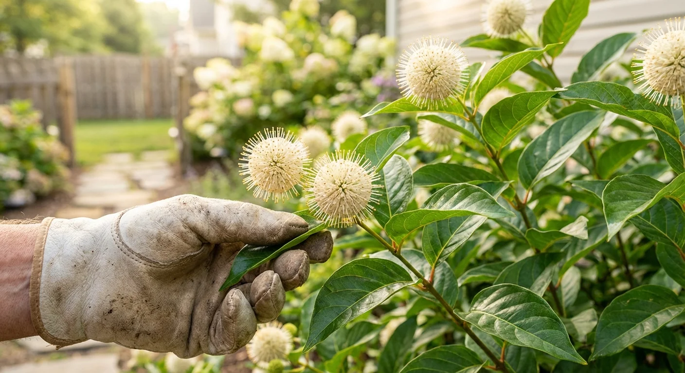 Close-up of Buttonbush hedge featuring its unique white spherical flowers and dense green foliage in a sunny garden.