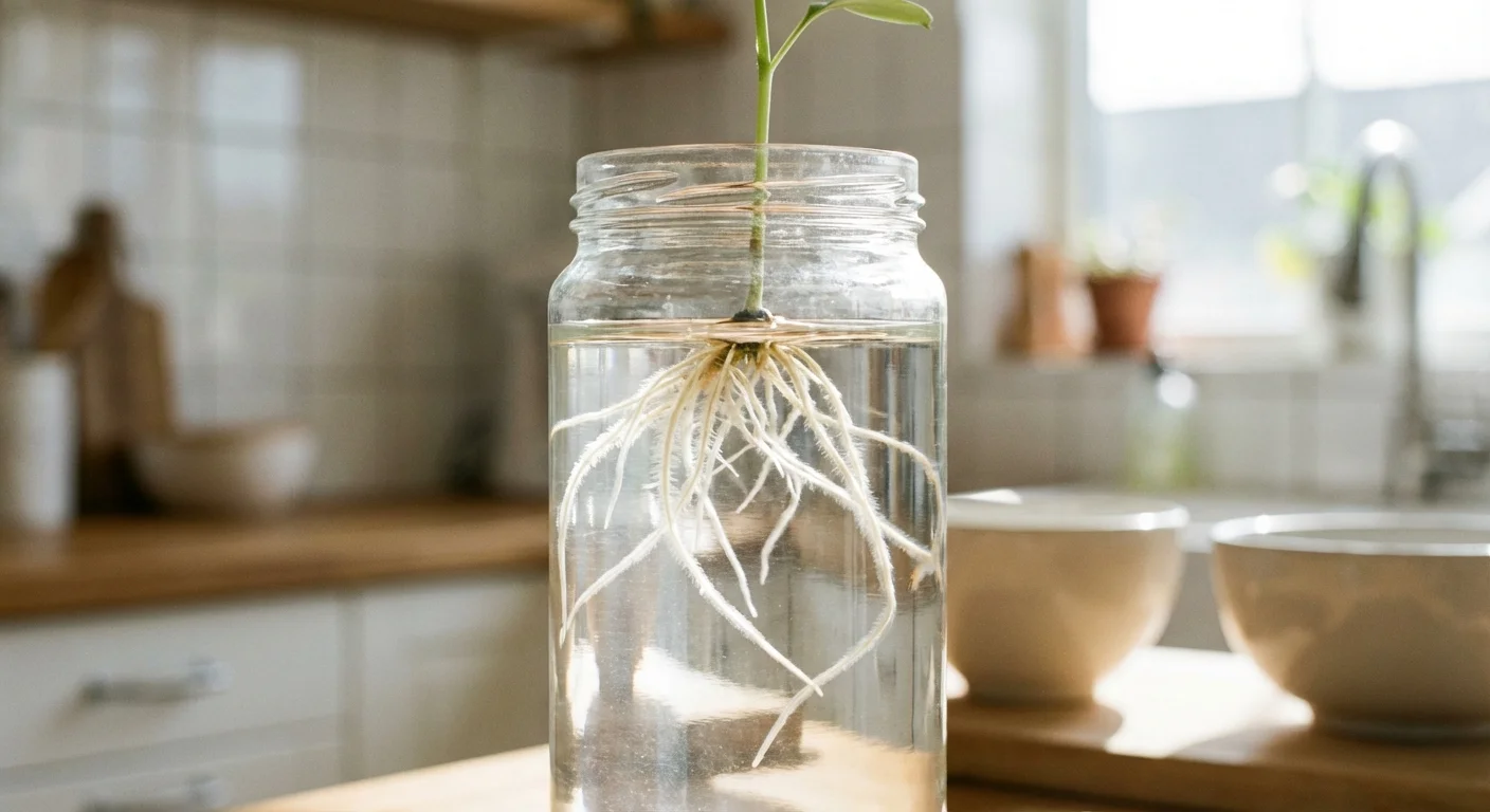 Close-up of clean white plant roots growing in a clear glass jar of water.