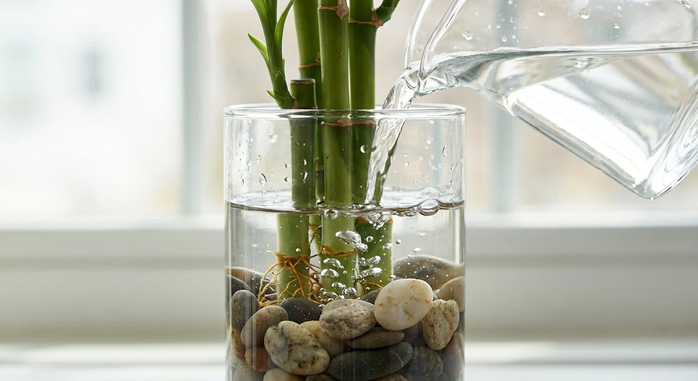 Close-up of clear water being poured into a bamboo vase with river stones covering the roots.