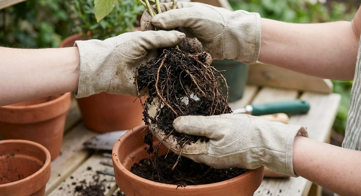 Close-up of dark, mushy plant roots indicating root rot from excessive watering.