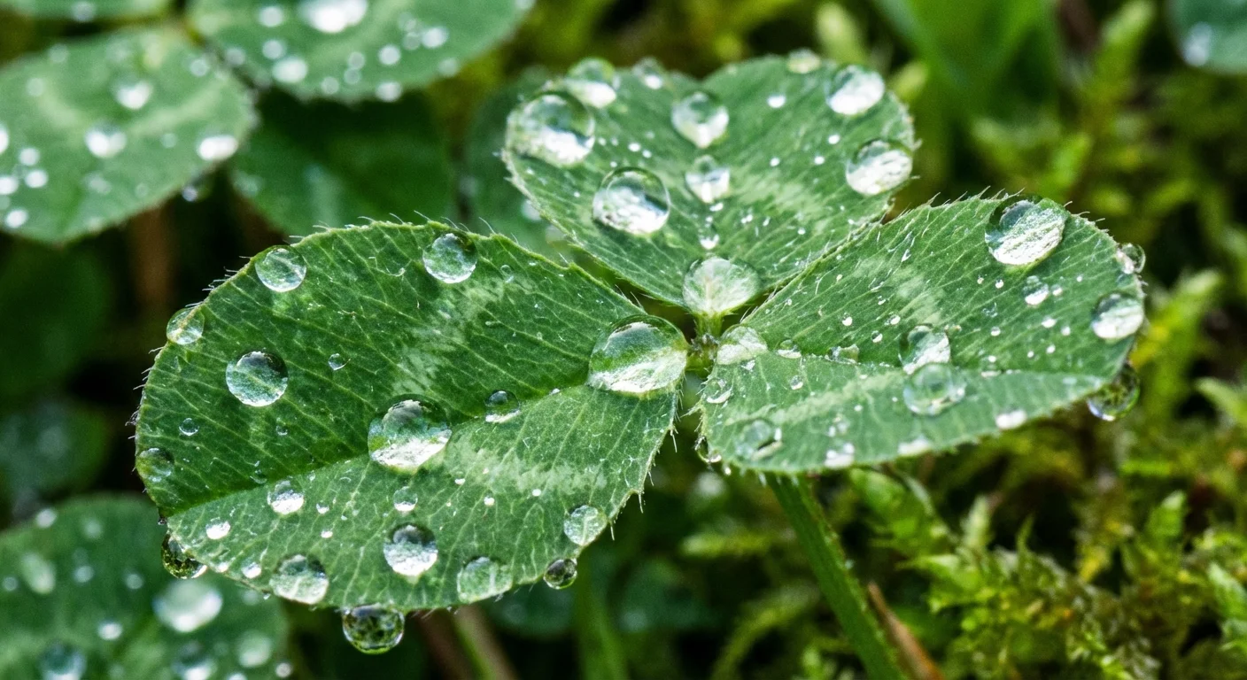 Close-up of dew drops on green clover leaves.