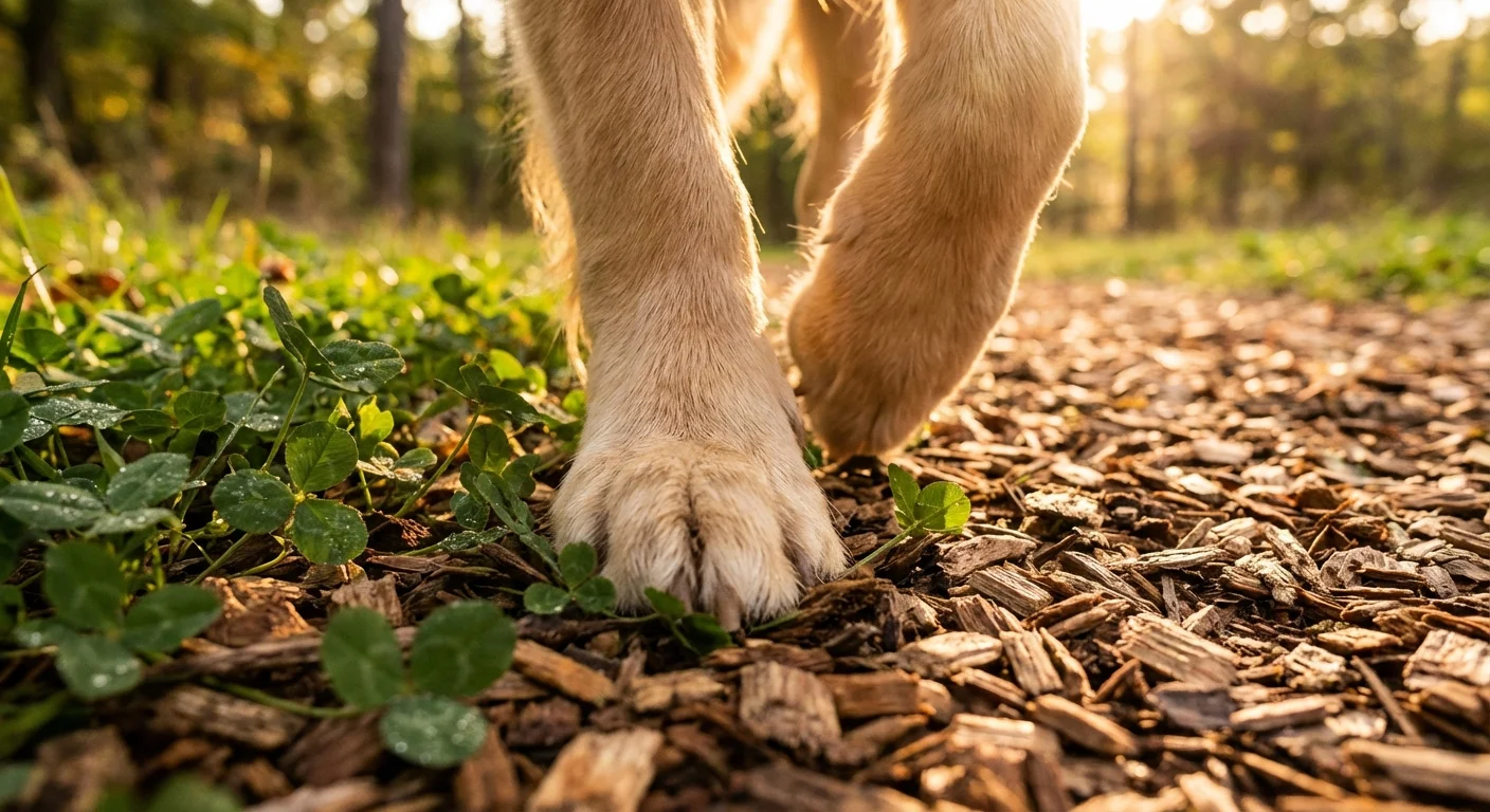 Close-up of dog paws walking comfortably on soft garden mulch and green groundcover.