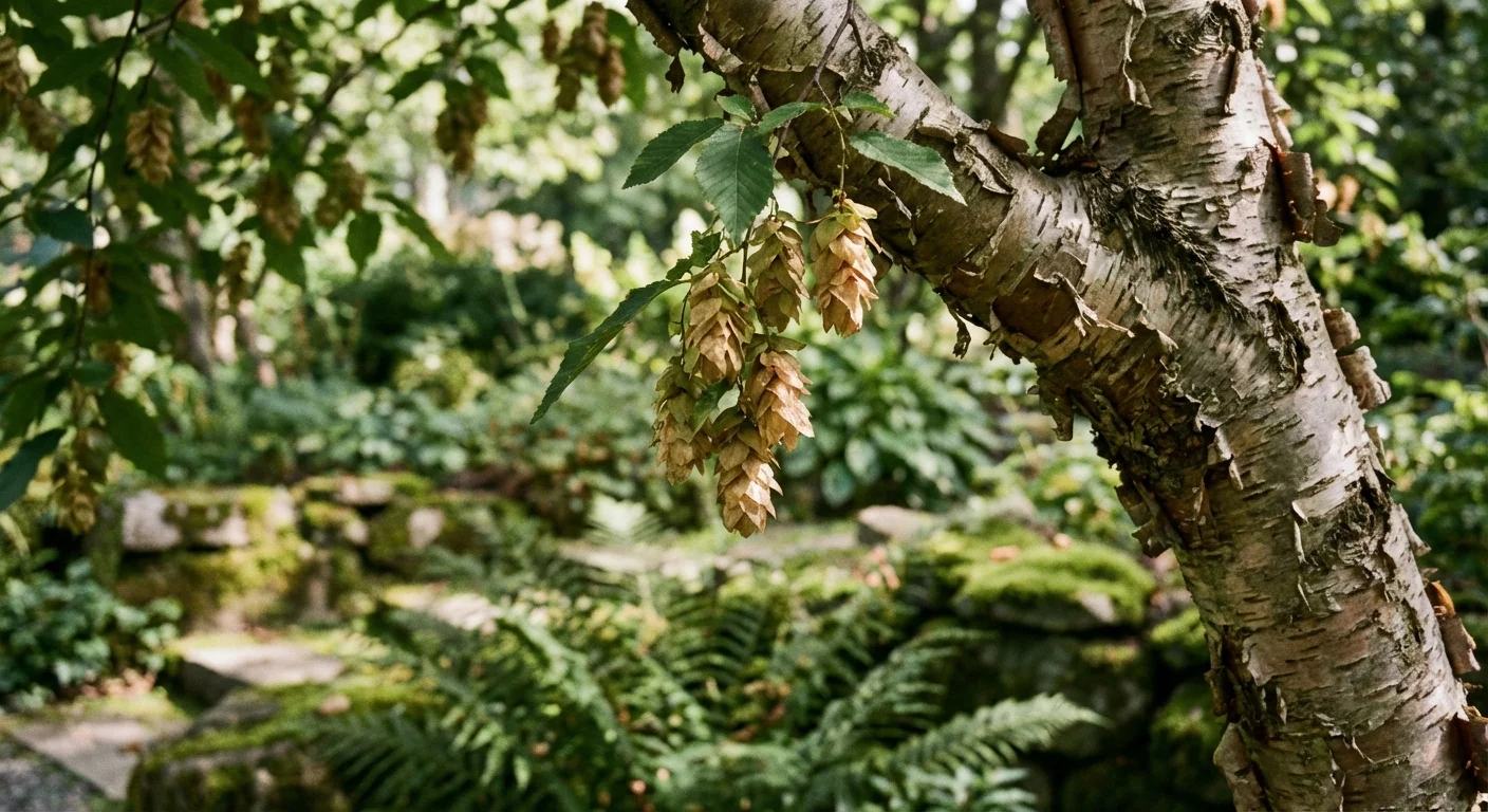 Close-up of Eastern hop hornbeam fruit clusters and textured bark in a garden.