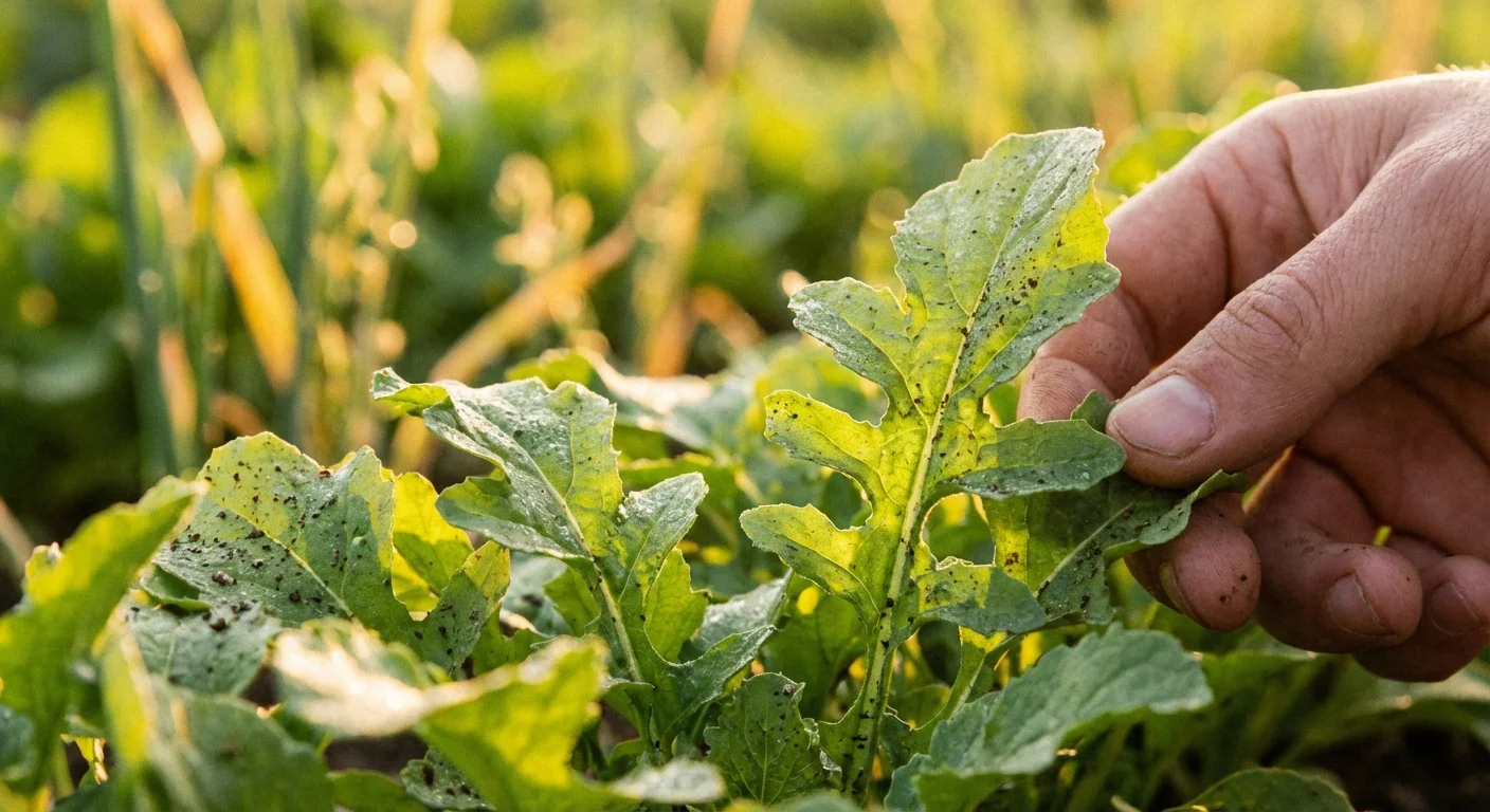 Close-up of fresh arugula leaves growing in a neat row in a sunlit garden.
