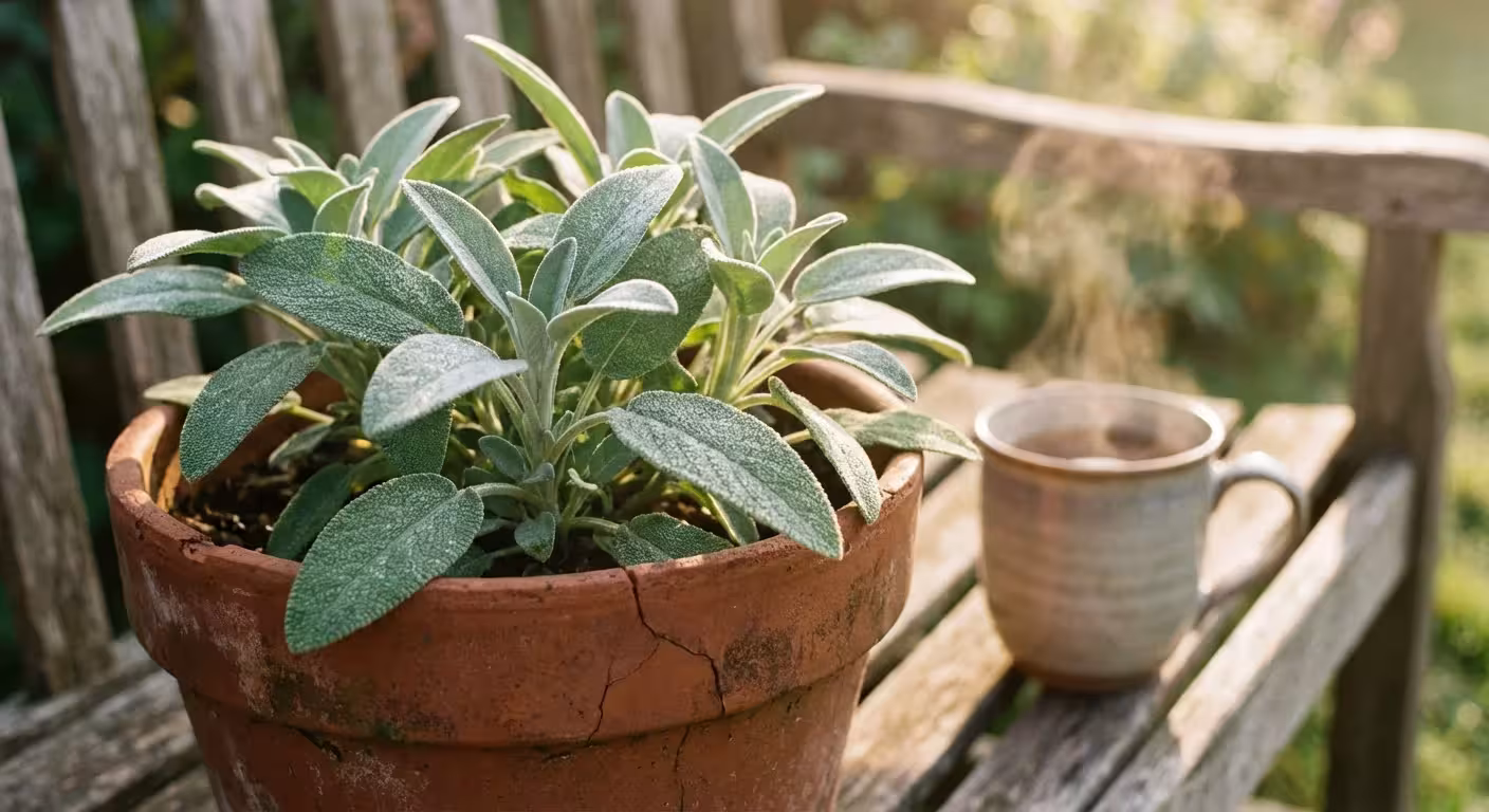 Close-up of fuzzy green sage leaves in a terracotta pot with a tea mug in the background.