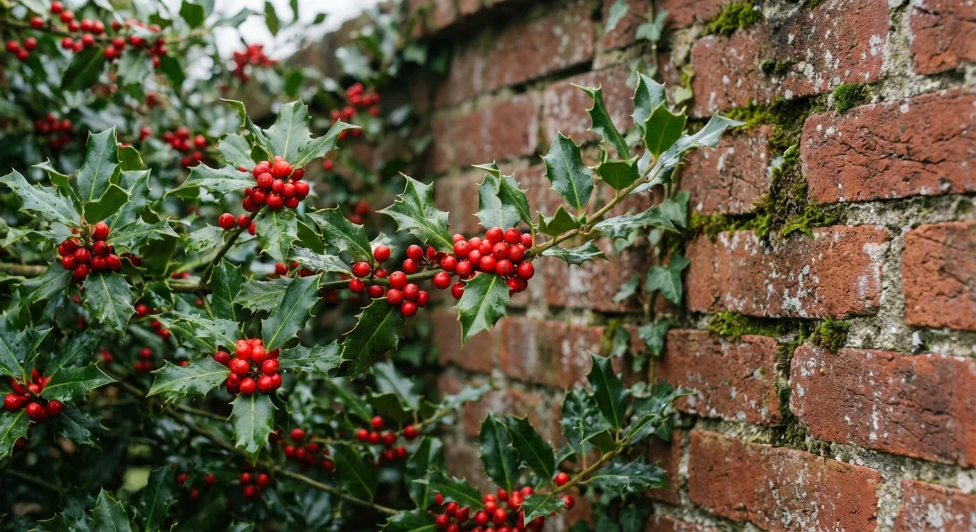 Close-up of glossy American Holly leaves and red berries against a brick wall.