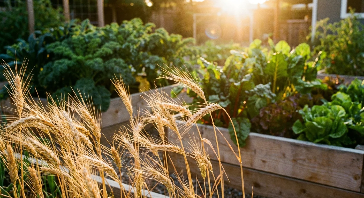 Close-up of golden wheat growing next to vegetables in a raised garden bed.