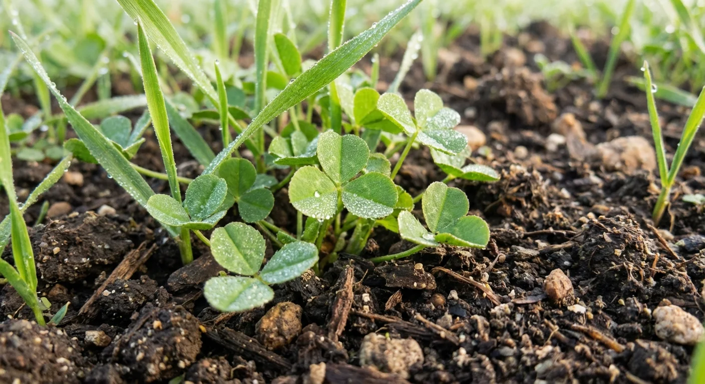 Close-up of green cover crops growing in dark garden soil.