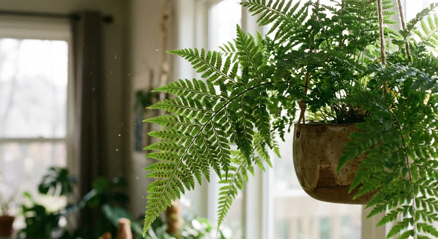 Close-up of green fern fronds in a hanging ceramic pot with soft natural lighting.
