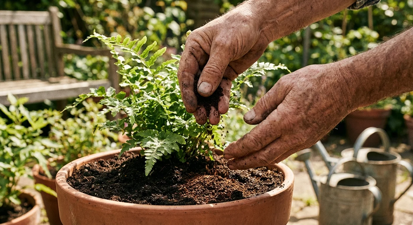 Close-up of hands adding coffee grounds to a potted plant's soil.