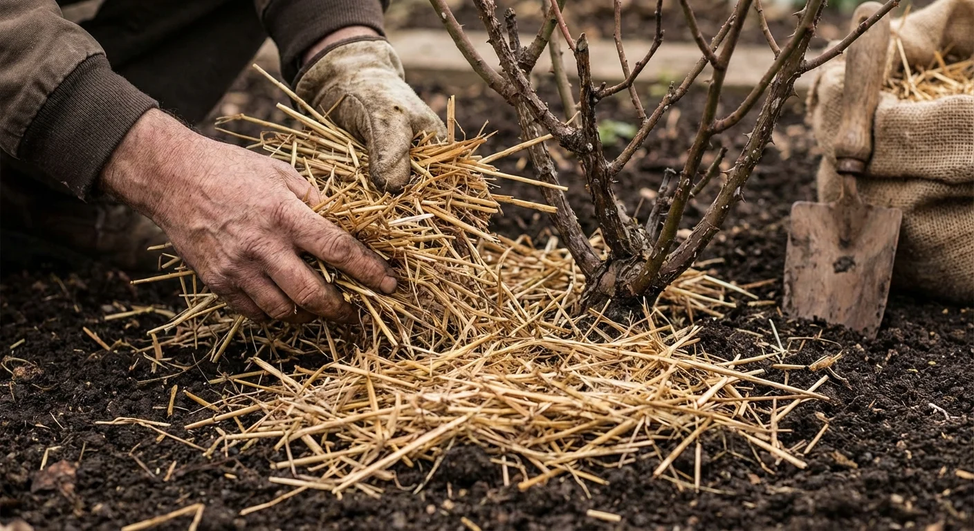 Close-up of hands applying a thick layer of straw mulch to garden soil for winter insulation.