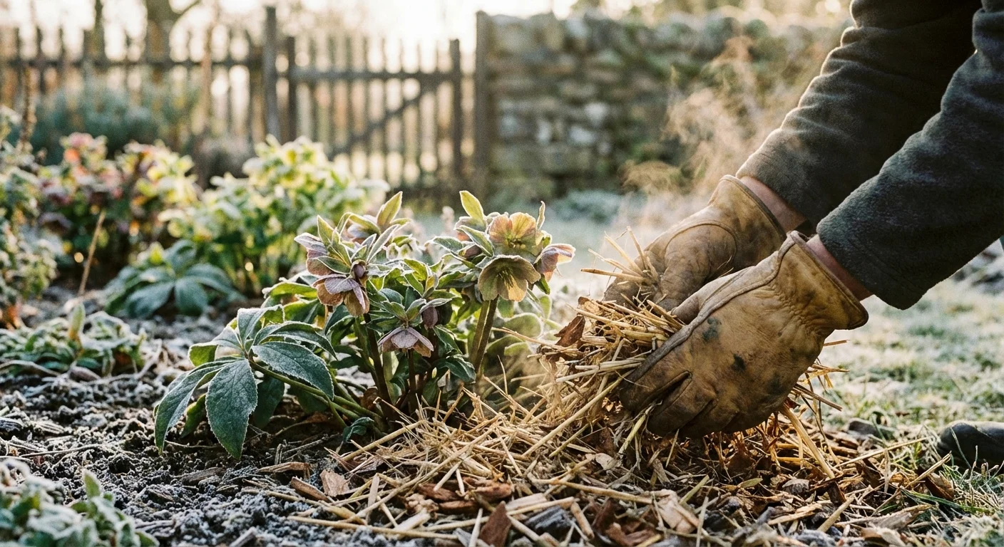 Close-up of hands applying mulch to garden plants for winter protection.